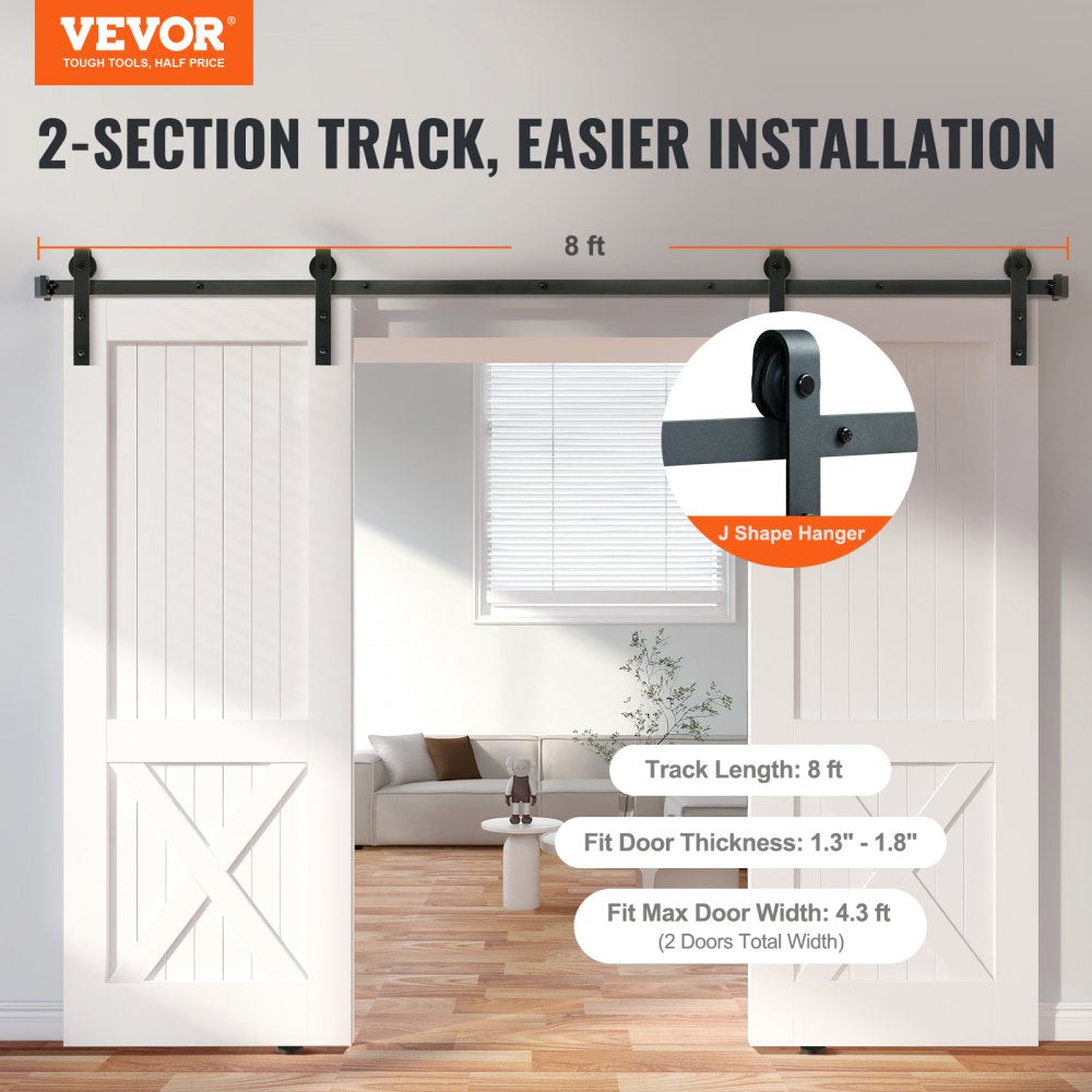 VEVOR 8FT Sliding Barn Door Hardware Kit, 330LBS Heavy Duty Barn Door Track Kit for Double Doors, Fit 3.7-4.3FT Total
