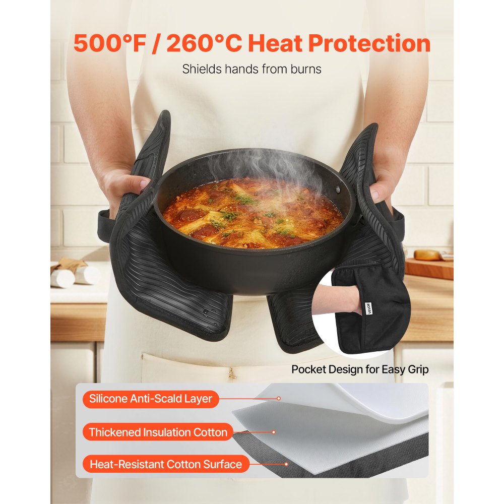 VEVOR Pot Holders, Heat Resistant to 500°F with Ribbed Soft Anti-Slip Silicone Strips, 100% Cotton 9.06 x 8.98 inch Hot
