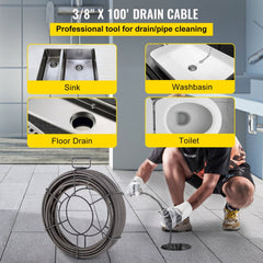 VEVOR Drain Cleaning Cable 100 FT x 3/8 Inch, Solid Core Steel Sewer Cable with 4 Cutter for 2" to 4" Pipes, Sewer