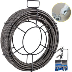 VEVOR Drain Cleaning Cable 100 FT x 3/8 Inch, Solid Core Steel Sewer Cable with 4 Cutter for 2" to 4" Pipes, Sewer