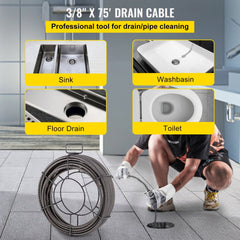 VEVOR Drain Cleaning Cable 75 Feet x 3/8 Inch Solid Core Cable Sewer Cable Drain Auger Cable Cleaner Snake Clog Pipe