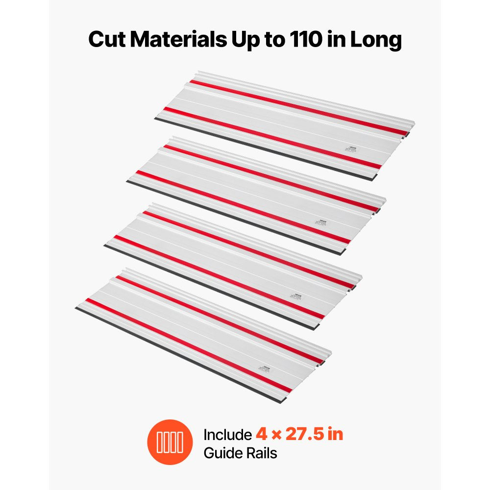 VEVOR Track Saw Guide Rail, 110-Inch Cutting Range, Kit Includes 4 x 27.5 in Aluminum Extruded Guide Rails and 3