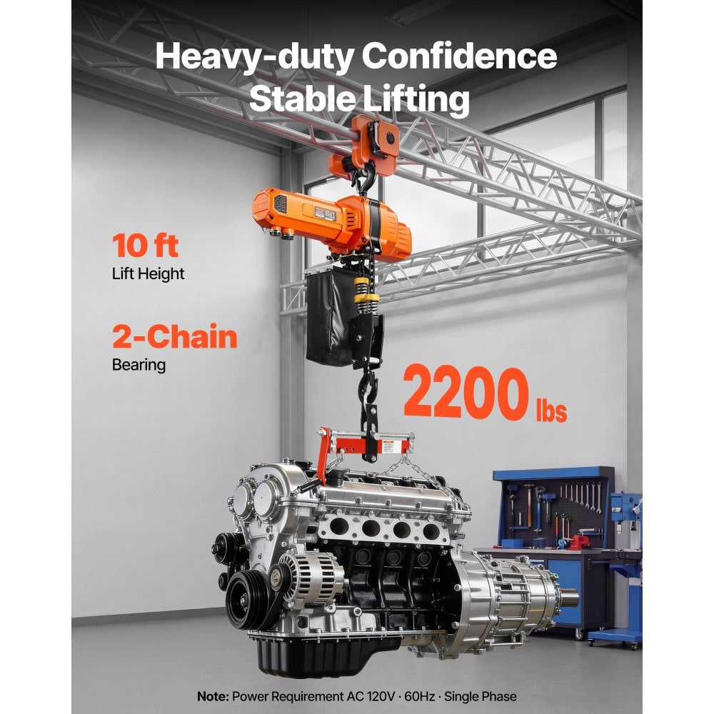 VEVOR 2200 lbs Electric Chain Hoist, 10 ft Lifting Height, 120V Single Phase Overhead Crane with 328 ft Wireless & 8 ft