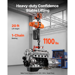 VEVOR 1100 lbs Electric Chain Hoist, 20 ft Lifting Height, 120V Single Phase Overhead Crane with 328 ft Wireless & 15