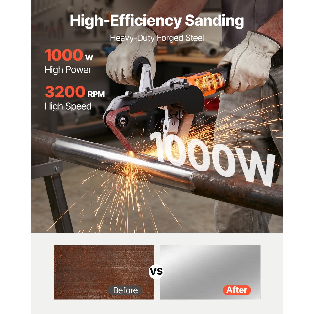 VEVOR Pipe Tube Polisher Sander, 1000W Pipe Belt Sander with 6 Variable Speeds 1100-3200rpm, Professional Belt Sander