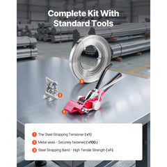 VEVOR Steel Banding Strapping Kit, Heavy Duty Banding Sealer Tool with 100 ft Binding Straps, 100 Metal Clasps, Manual