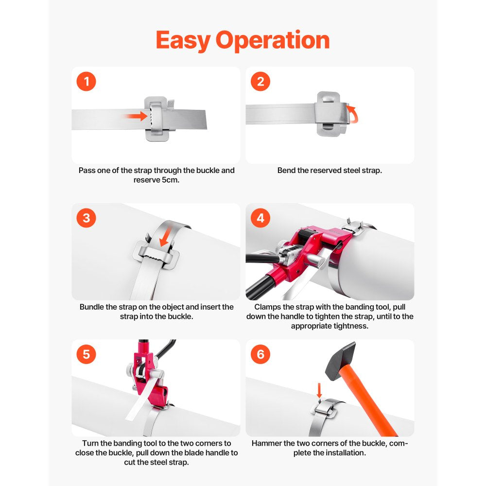 VEVOR Steel Banding Strapping Kit, Heavy Duty Banding Sealer Tool with 100 ft Binding Straps, 100 Metal Clasps, Manual