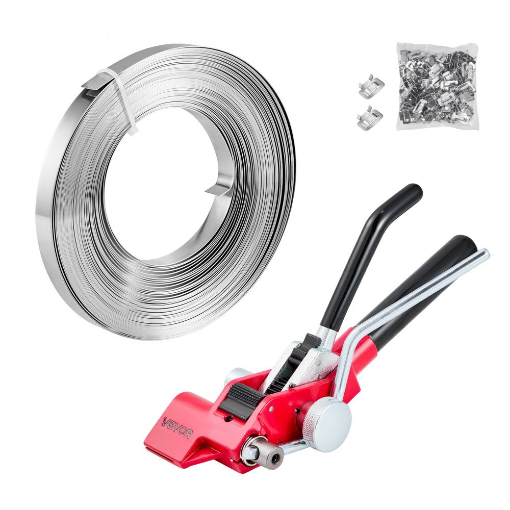 VEVOR Steel Banding Strapping Kit, Heavy Duty Banding Sealer Tool with 100 ft Binding Straps, 100 Metal Clasps, Manual