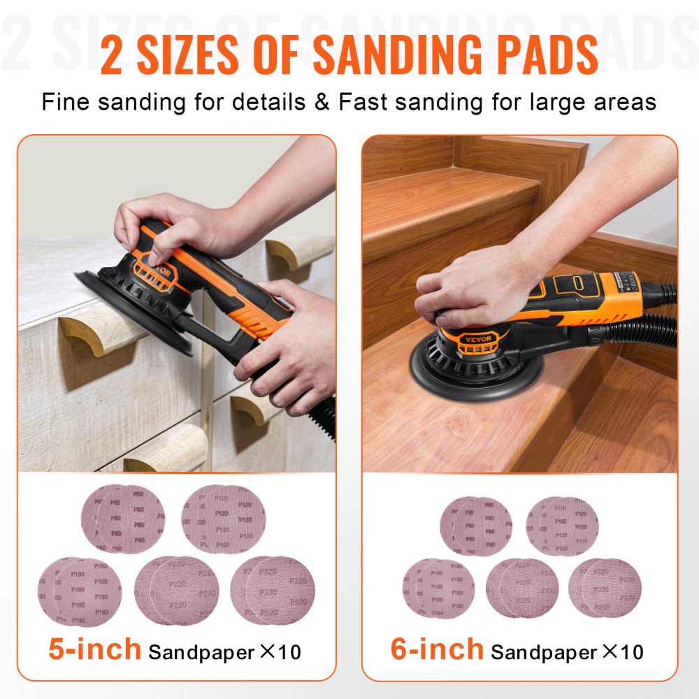 VEVOR Random Orbital Sander 5 & 6-Inch, 350W Brushless Orbital Sander, 10,000 PRM 6 Variable Speed Electric Palm Sander
