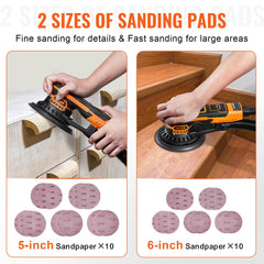 VEVOR Random Orbital Sander 5 & 6-Inch, 350W Brushless Orbital Sander, 10,000 PRM 6 Variable Speed Electric Palm Sander