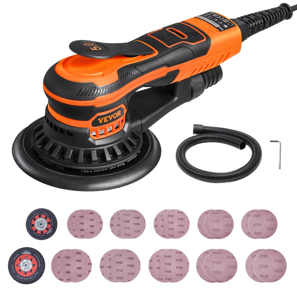 VEVOR Random Orbital Sander 5 & 6-Inch, 350W Brushless Orbital Sander, 10,000 PRM 6 Variable Speed Electric Palm Sander