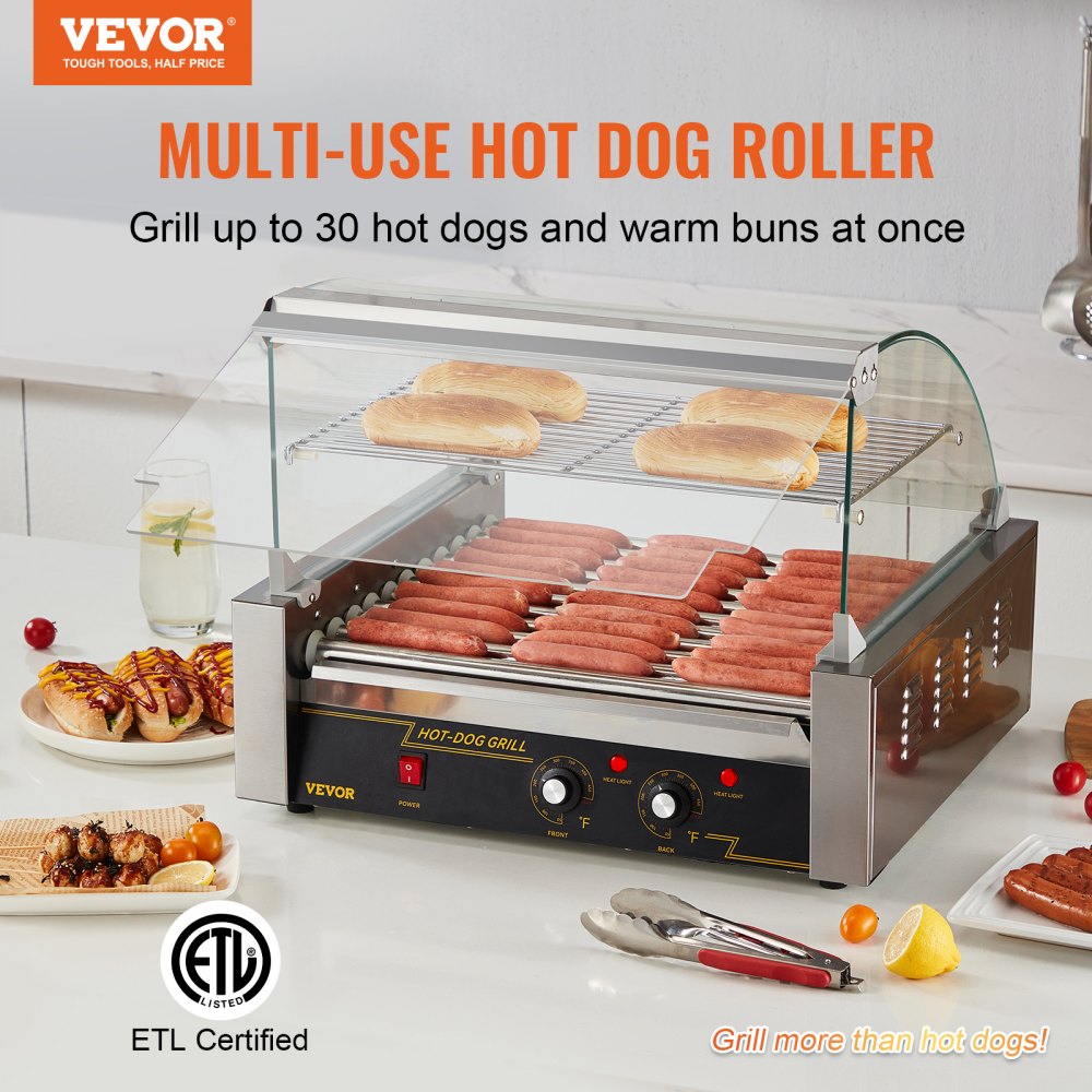 VEVOR Hot Dog Roller, 11 Rollers 30 Hot Dogs Capacity, 1650W Stainless Sausage Grill Cooker Machine with Dual Temp