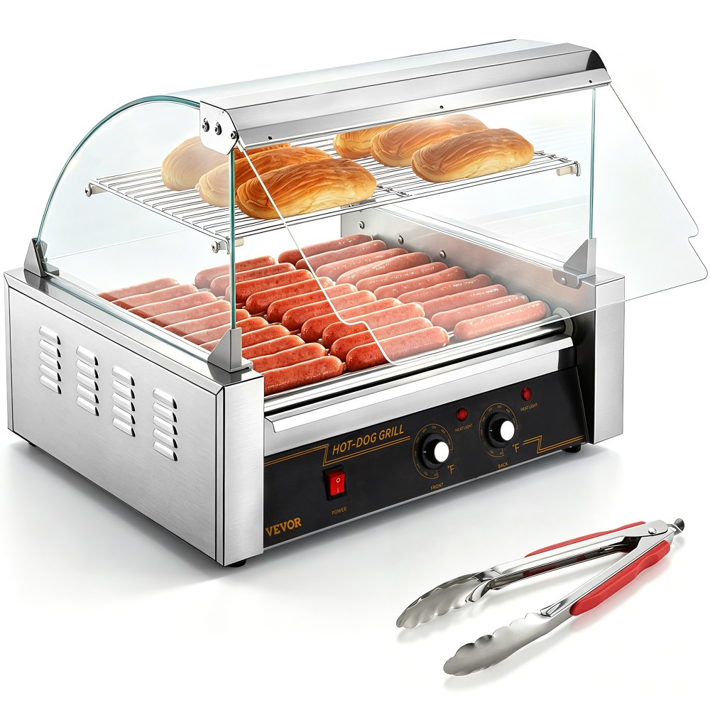 VEVOR Hot Dog Roller, 11 Rollers 30 Hot Dogs Capacity, 1650W Stainless Sausage Grill Cooker Machine with Dual Temp
