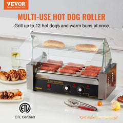 VEVOR Hot Dog Roller 5 Rollers 12 Hot Dogs Capacity, 750W Stainless Sausage Grill Cooker Machine with Dual Temp Control