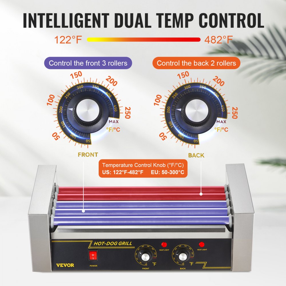 VEVOR Hot Dog Roller 5 Rollers 12 Hot Dogs Capacity, 750W Stainless Sausage Grill Cooker Machine with Dual Temp Control