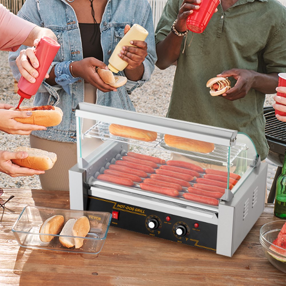 VEVOR Hot Dog Roller 7 Rollers 18 Hot Dogs Capacity 1050W Stainless Sausage Grill Cooker Machine with Dual Temp Control