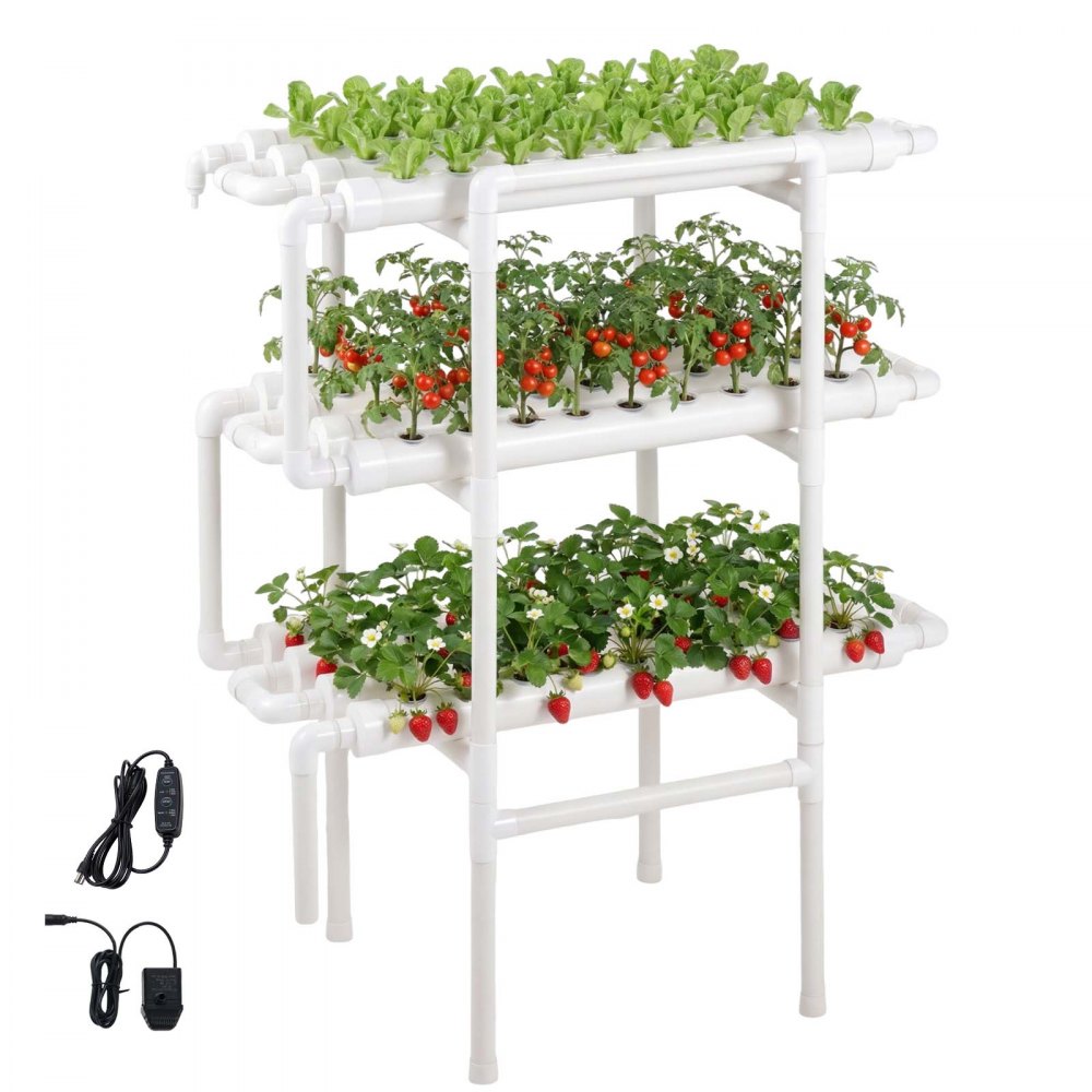 VEVOR Hydroponics Growing System Kit, 3-Tier 108 Sites UPVC Pipe Hydroponic Grow Kit with Timed Irrigation, Sun & Light