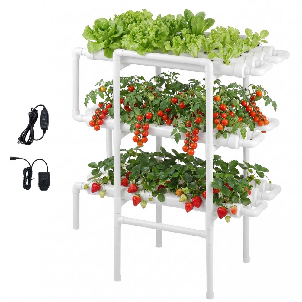 VEVOR Hydroponics Growing System Kit, 3-Tier 108 Sites UPVC Pipe Hydroponic Grow Kit with Timed Irrigation, Thickened