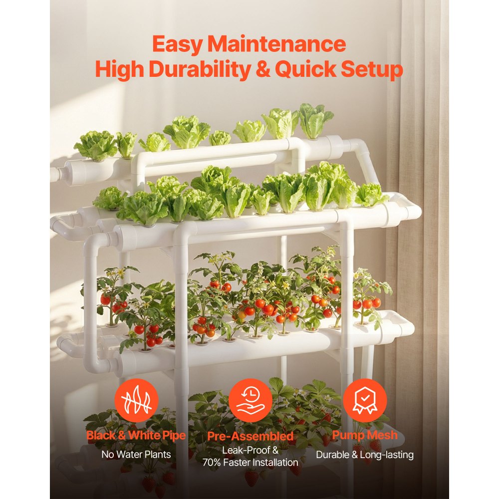 VEVOR Hydroponics Growing System Kit, 3-Tier 90 Sites UPVC Pipe Hydroponic Grow Kit with Timed Irrigation, Sun & Light