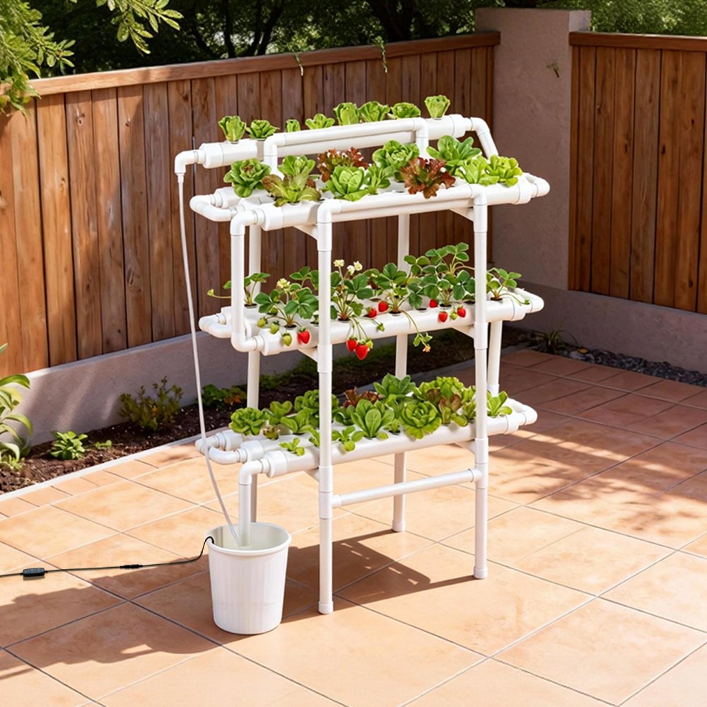 VEVOR Hydroponics Growing System Kit, 3-Tier 90 Sites UPVC Pipe Hydroponic Grow Kit with Timed Irrigation, Sun & Light