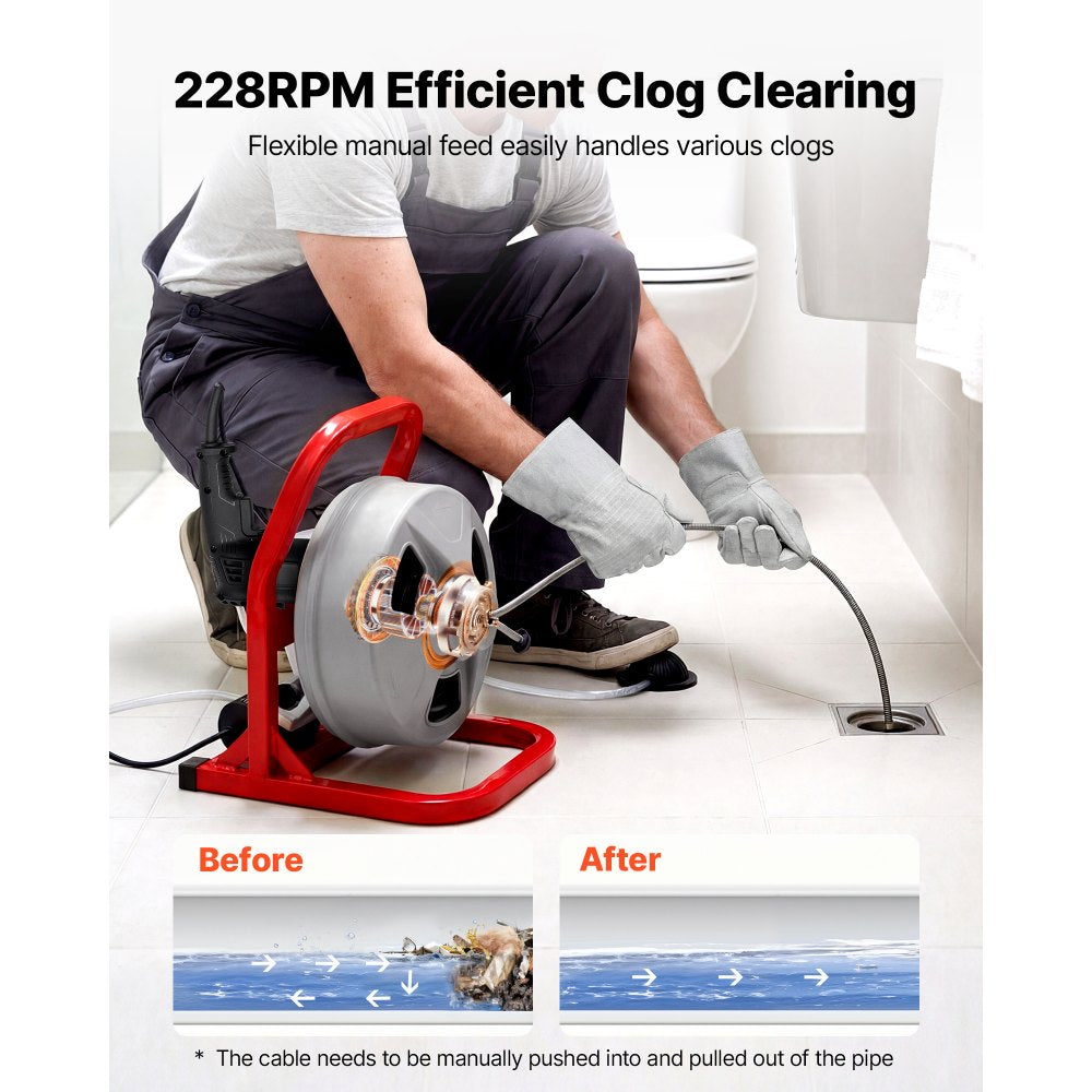 VEVOR Drain Cleaner Machine 50 FT x 5/16 Inch, Sewer Snake Auger with 228RPM Electric Drill, Manual Feed Drain Cleaning