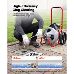 VEVOR Drain Cleaner Machine 75 FT x 3/8 Inch, Sewer Snake Auger Manual Feed on Wheels, Portable Drain Cleaning Machine