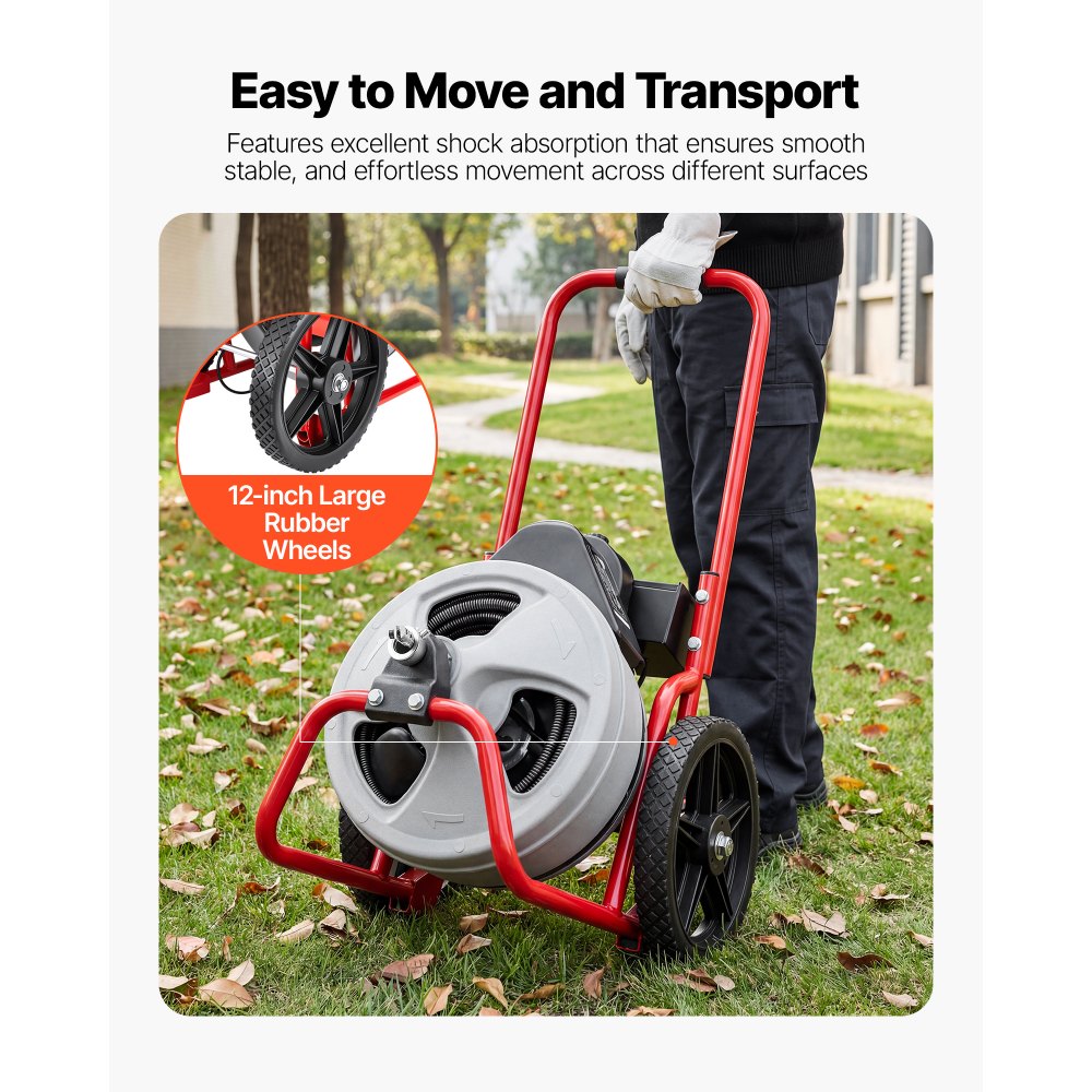 VEVOR Drain Cleaner Machine 75 FT x 3/8 Inch, Sewer Snake Auger Manual Feed on Wheels, Portable Drain Cleaning Machine