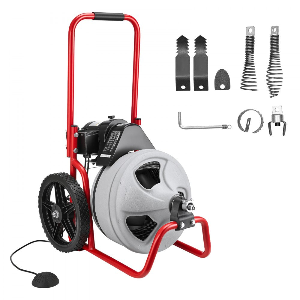 VEVOR Drain Cleaner Machine 75 FT x 3/8 Inch, Sewer Snake Auger Manual Feed on Wheels, Portable Drain Cleaning Machine
