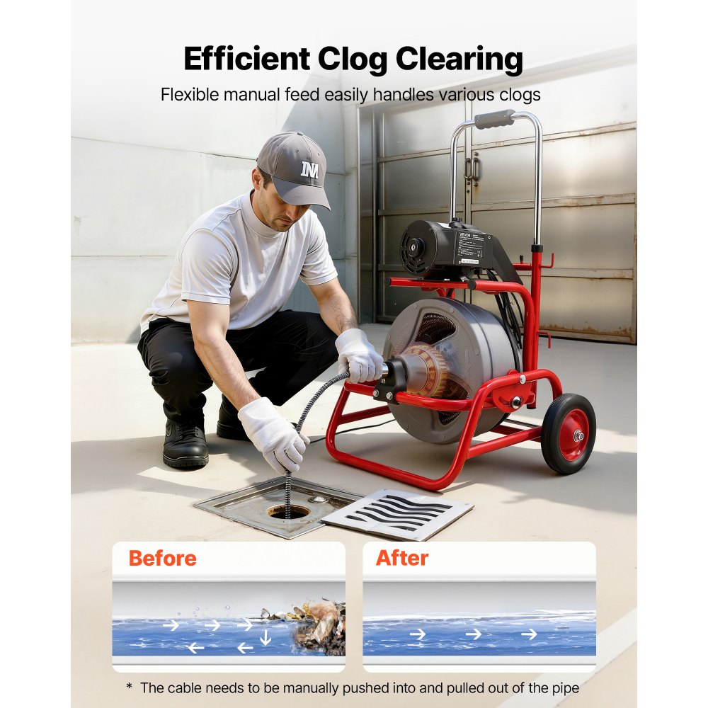 VEVOR Drain Cleaner Machine 75 FT x 1/2 Inch, Sewer Snake Auger on Wheels, Manual Feed Drain Cleaning Machine with