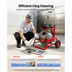 VEVOR Drain Cleaner Machine 75 FT x 1/2 Inch, Sewer Snake Auger on Wheels, Manual Feed Drain Cleaning Machine with