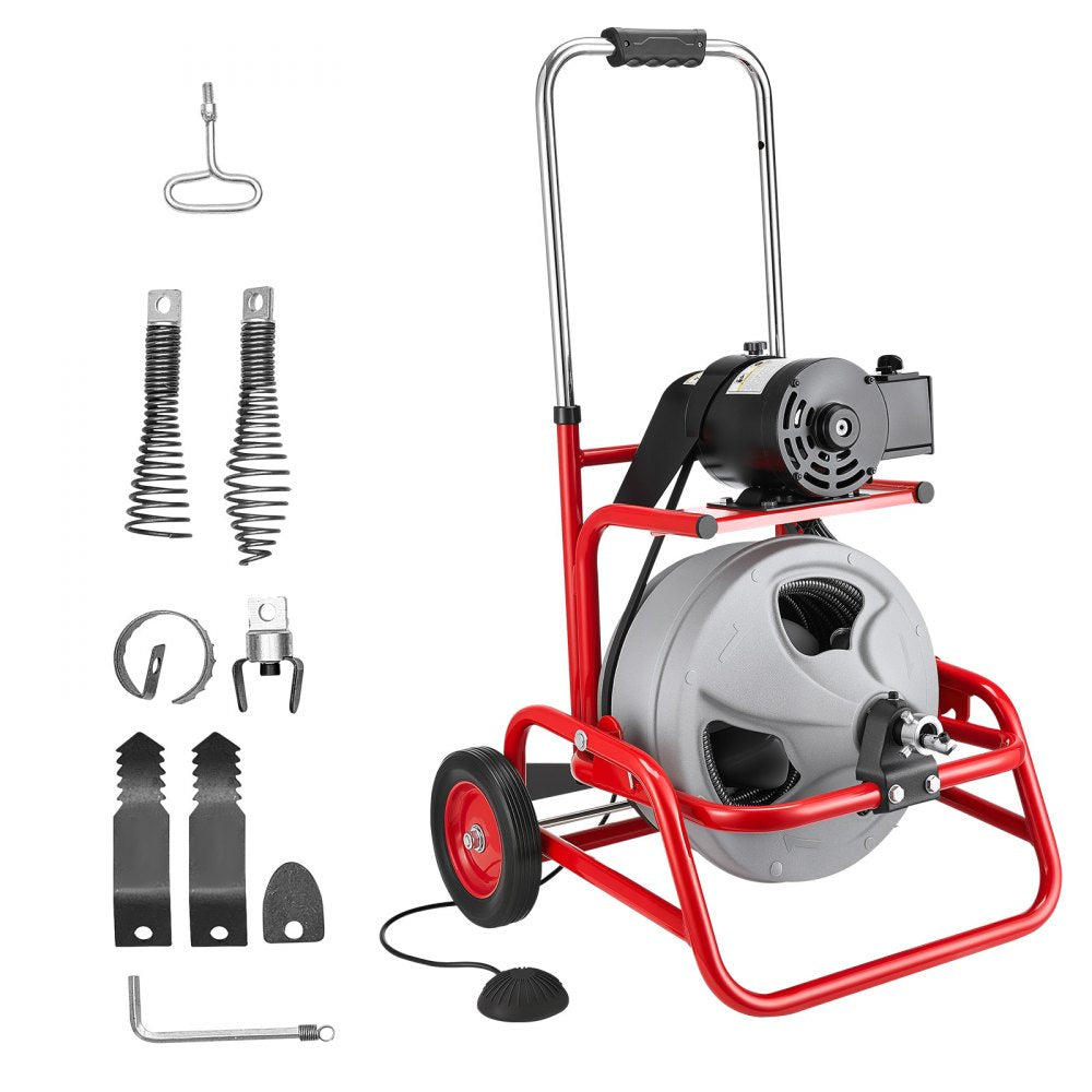 VEVOR Drain Cleaner Machine 75 FT x 3/8 Inch, Sewer Snake Auger on Wheels, Manual Feed Drain Cleaning Machine with