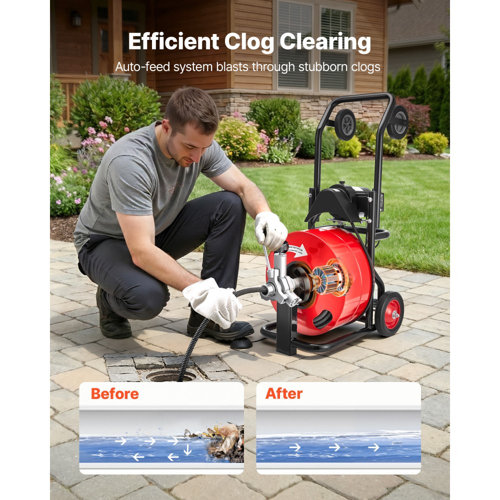 VEVOR Drain Cleaner Machine 100 FT x 3/4 Inch, Auto Feed Sewer Snake Auger, Portable Drain Cleaning Machine with
