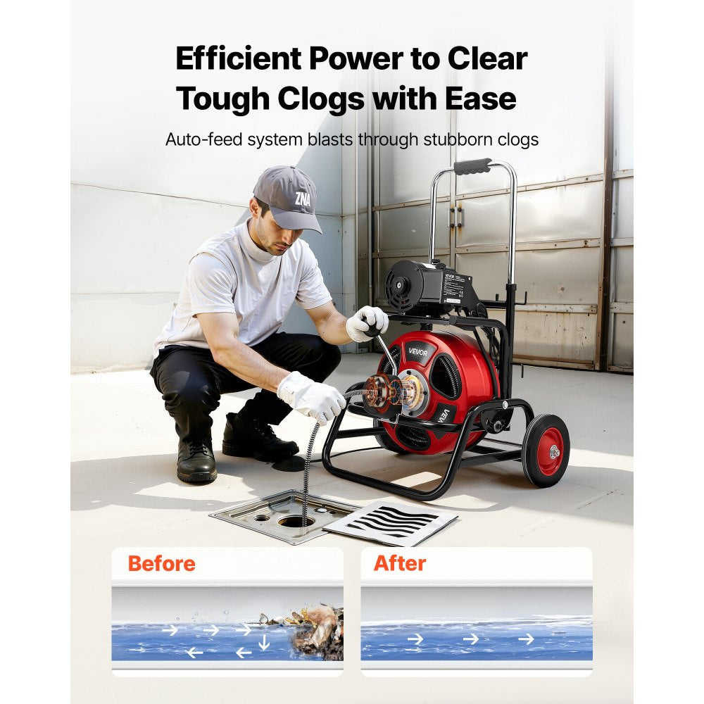 VEVOR Drain Cleaner Machine 75 FT x 1/2 Inch, Auto Feed Sewer Snake Auger, Portable Drain Cleaning Machine with