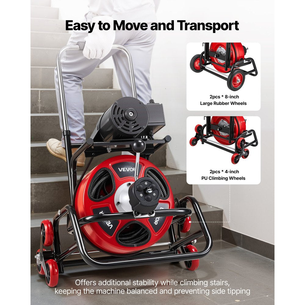 VEVOR Drain Cleaner Machine 100 FT x 1/2 Inch, Auto Feed Sewer Snake Auger, Portable Drain Cleaning Machine with