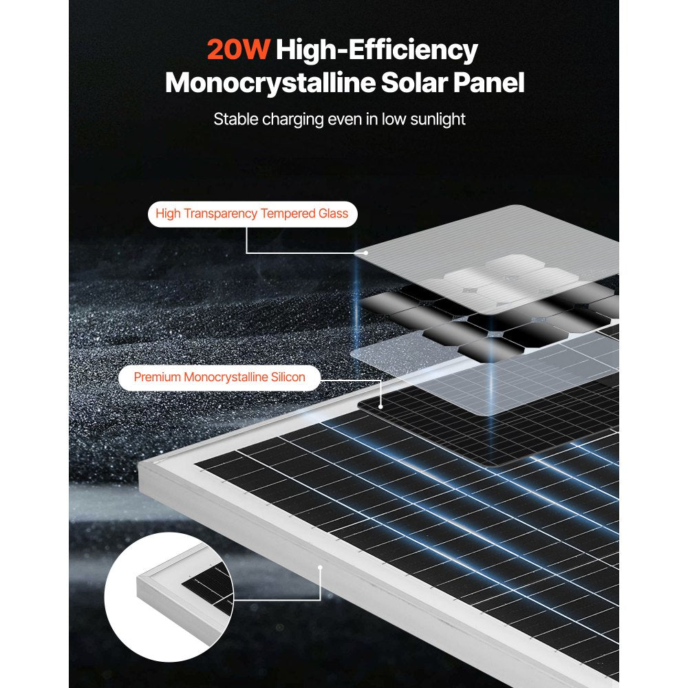 VEVOR 20W 12V Solar Battery Trickle Charger Maintainer, Mono Solar Panel Battery Charger with Built-in MPPT Controller