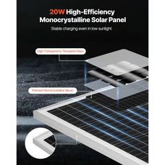 VEVOR 20W 12V Solar Battery Trickle Charger Maintainer, Mono Solar Panel Battery Charger with Built-in MPPT Controller