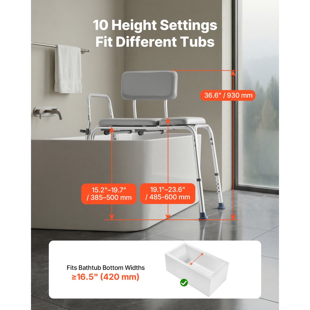 VEVOR Tub Transfer Bench for Bathtub, 500 lbs Weight Capacity Heavy Duty Shower Chair with Arm and Backrest, Height