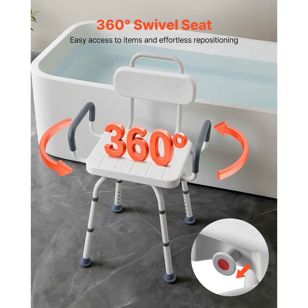 VEVOR Swivel Shower Chair with Arms and Back, 400 lbs Heavy Duty Bench Seat for Inside Shower Stall and Bathtub, Height