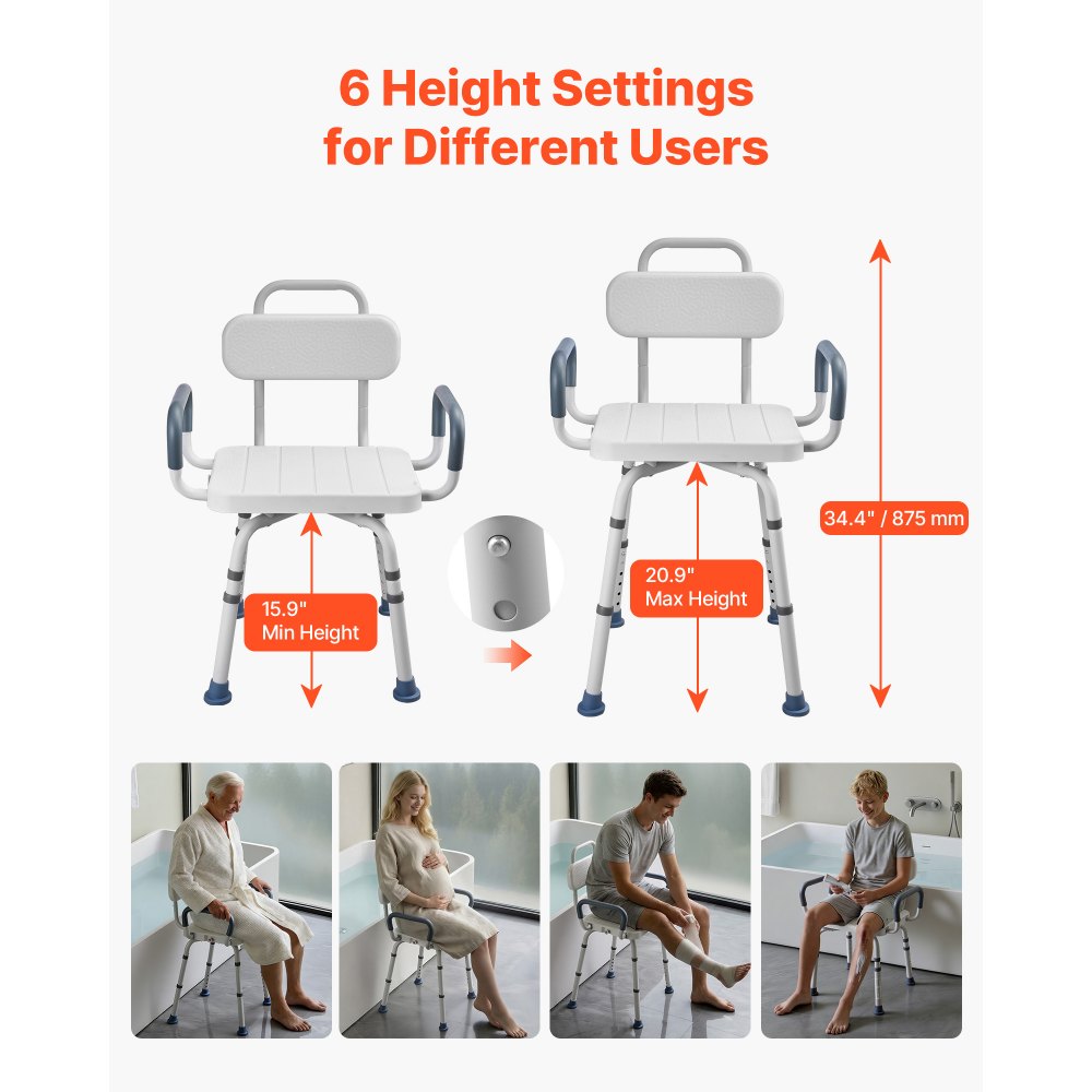 VEVOR Swivel Shower Chair with Arms and Back, 400 lbs Heavy Duty Bench Seat for Inside Shower Stall and Bathtub, Height