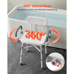 VEVOR Swivel Shower Chair with Arms and Back, 500 lbs Heavy Duty Bench Seat for Inside Shower Stall and Bathtub, Height