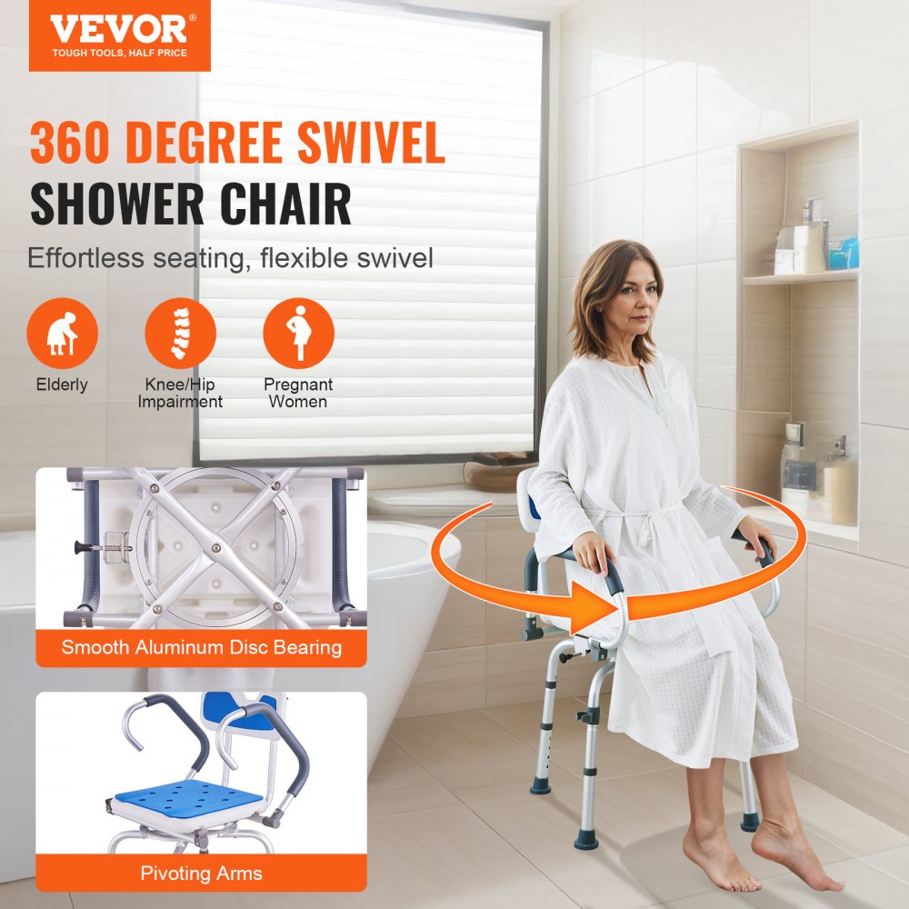 VEVOR Swivel Shower Chair 360 Degree, Adjustable Shower Seat with Pivoting Arms for Inside Showers or Tubs, Non-Slip