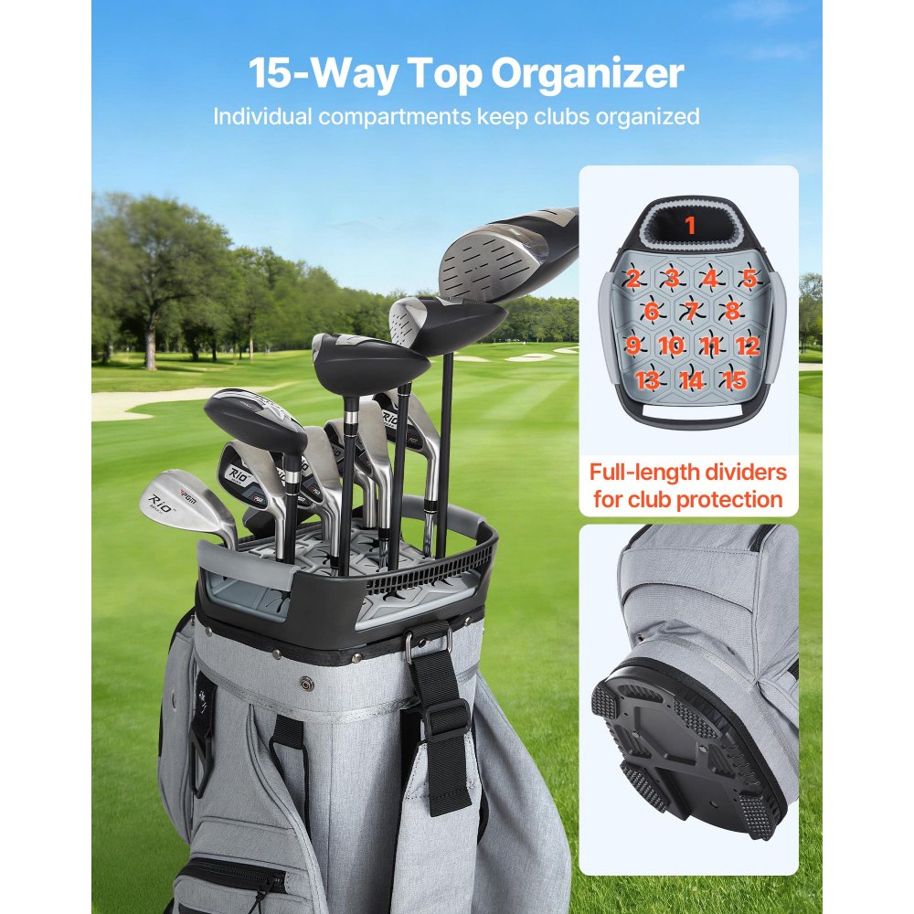 VEVOR Golf Cart Bag, 15 Way Top Divider Organizer, Golf Club Bag with Full-length Divider, Rain Hood, Storage Pockets