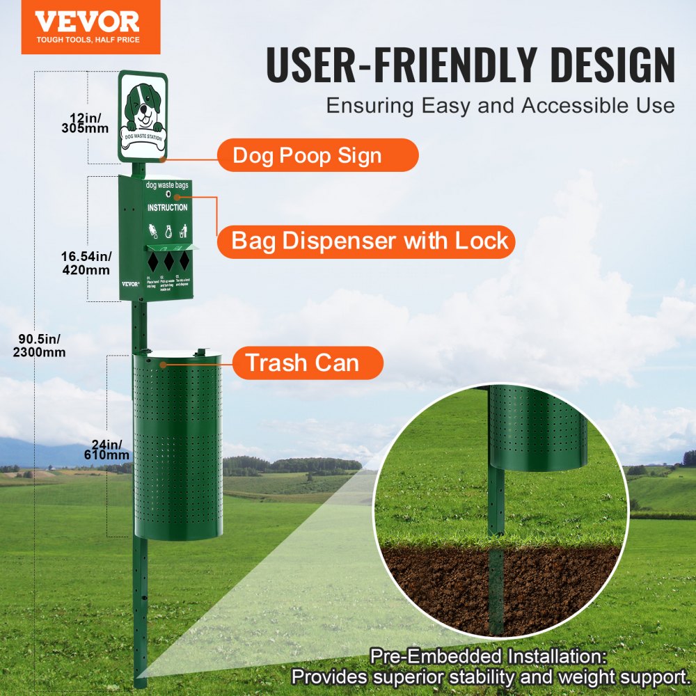VEVOR Dog Waste Station, Commercial Dog Poop Station, 11.5 Gallons Pet Waste Bin with 50 Can Liners, Bag Dispenser &