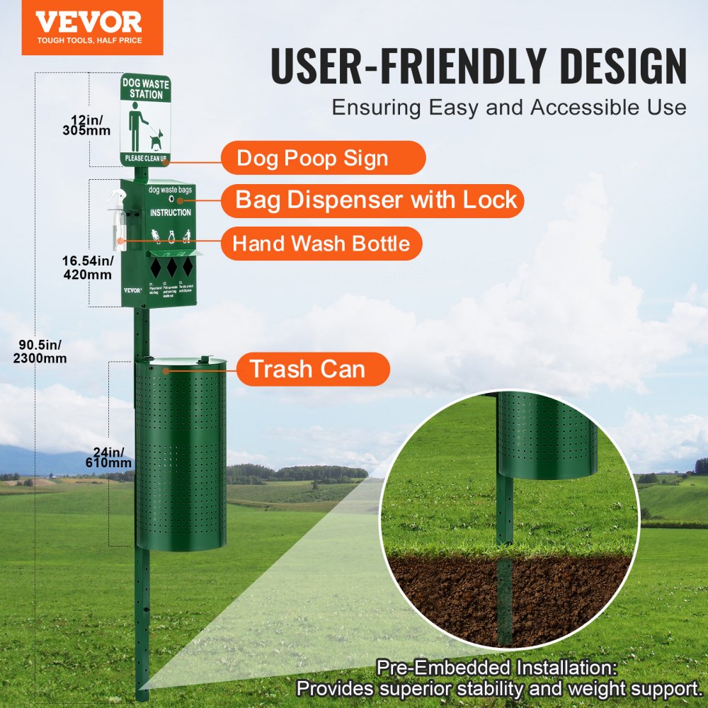 VEVOR Dog Waste Station with Hand Wash Bottle, Commercial Dog Poop Station, 11.5 Gallons Pet Waste Bin with 50 Can