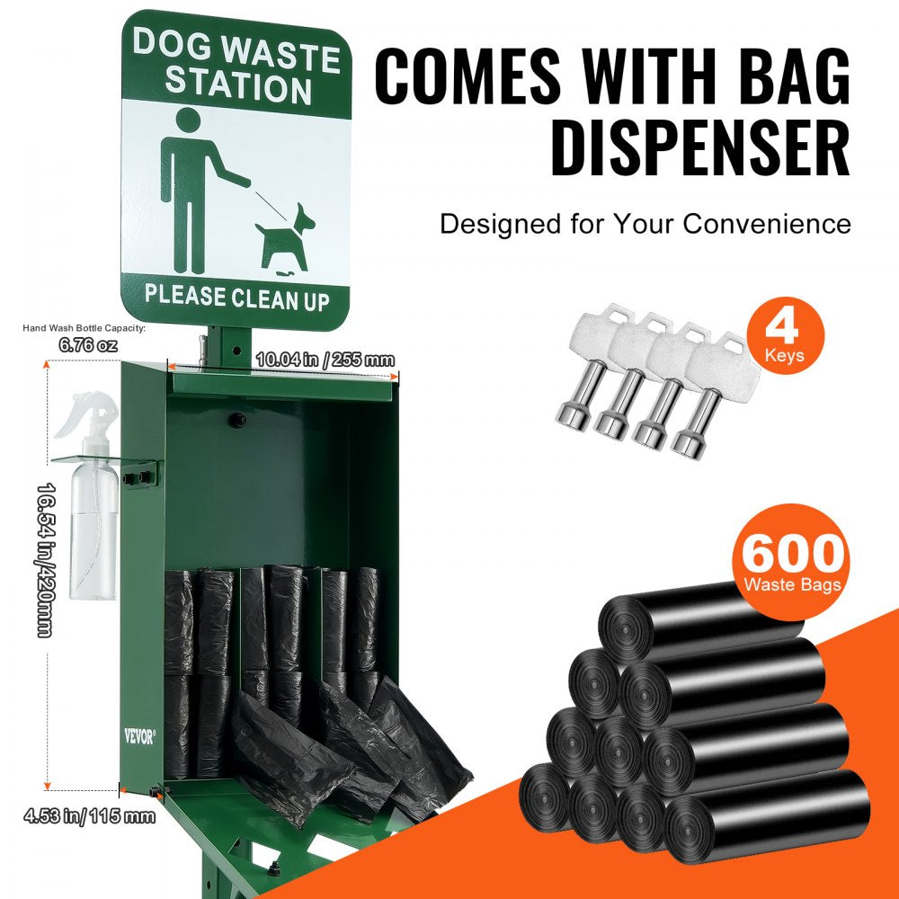 VEVOR Dog Waste Station with Hand Wash Bottle, Commercial Dog Poop Station, 11.5 Gallons Pet Waste Bin with 50 Can