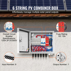 VEVOR PV Combiner Box, 6 String, Solar Combiner Box with 15A Rated Current Fuse 125A Circuit Breaker Lightning Arrester