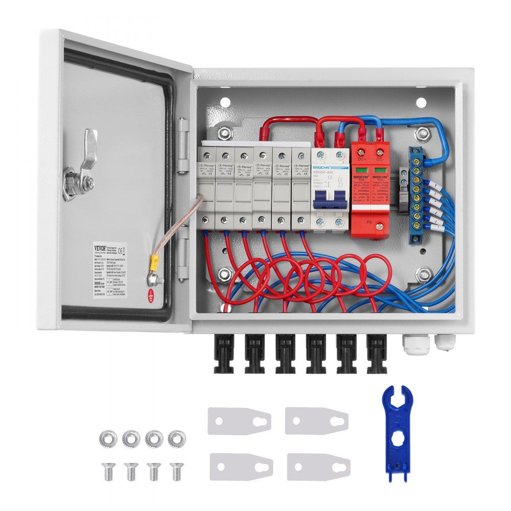 VEVOR PV Combiner Box, 6 String, Solar Combiner Box with 15A Rated Current Fuse 125A Circuit Breaker Lightning Arrester