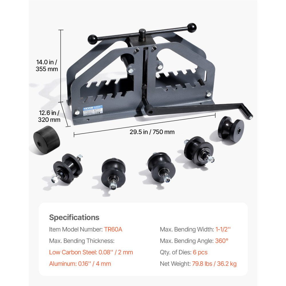 VEVOR Tube Roller Bender, Max 1-1/2" Manual Tube Pipe Roller Bender with 6 Dies, 360° Copper Aluminum Pipe Bending Tool