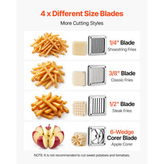 VEVOR French Fry Cutter, Commercial Vegetable Chopper with 4 Blades (1/2", 3/8", 1/4" & 6-Wedge with Corer), Lever
