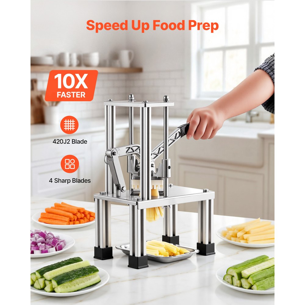 VEVOR French Fry Cutter, Commercial Vegetable Chopper with 4 Blades (1/4", 3/8", 6-Wedge & Apple Corer), Stainless